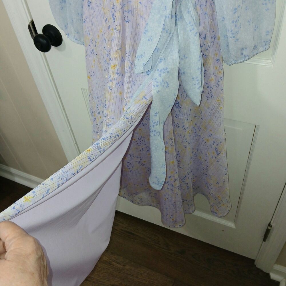 Ann Taylor Petite 6P Floral Wrap Midi Dress Blue Purple Metallic Stripe Tiered - Picture 14 of 14